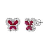 14K WHITE GOLD 1 1/2CT ROUND/RUBY DIAMOND LADIES EARRINGS (PEAR RUBY DIAMOND 8 STONE)
